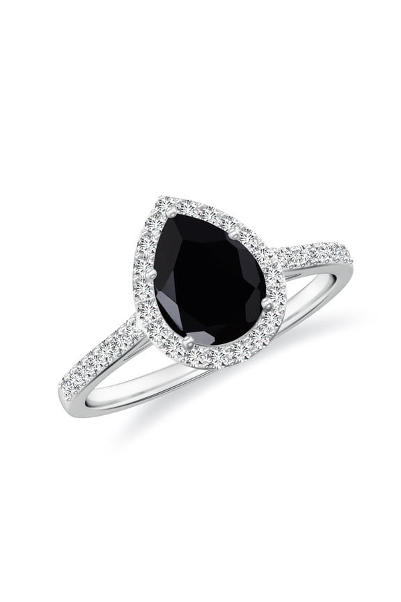 925 Sterling Silver Pear Shaped Black Onyx Halo Ring, Moissanite Engagement Ring in White Gold Plated| Teardrop July Birthstone Wedding Ring, Birthday, Anniversary Jewelry, Ring Size 10