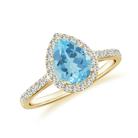 925 Sterling Silver Pear Shaped Blue Topaz Halo Ring, Moissanite Engagement Ring in Yellow Gold Plated| Teardrop December Birthstone Wedding Ring, Birthday, Anniversary Jewelry, Ring Size 6