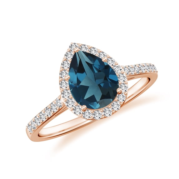 925 Sterling Silver Pear Shaped London Blue Topaz Halo Ring, Moissanite Engagement Ring in Rose Gold Plated| Teardrop December Birthstone Wedding Ring, Birthday, Anniversary Jewelry, Ring Size 8