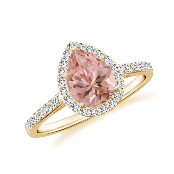 925 Sterling Silver Pear Shaped Morganite Halo Ring, Moissanite Engagement Ring in Yellow Gold Plated| Teardrop Birthstone Wedding Ring, Birthday, Anniversary Jewelry, Ring Size 6