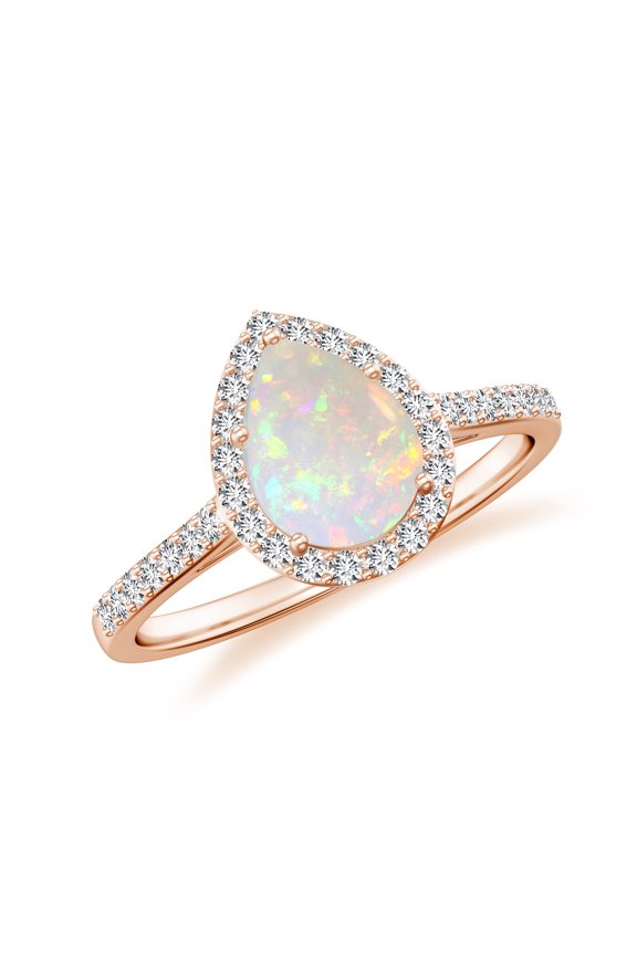 925 Sterling Silver Pear Shaped Opal Halo Ring, Moissanite Engagement Ring in Rose Gold Plated| Teardrop October Birthstone Wedding Ring, Birthday, Anniversary Jewelry, Ring Size 6