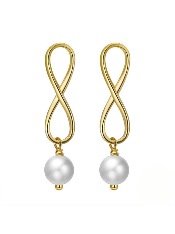 925 Sterling Silver Pearl Drop Earrings, Infinity Loop Design Gold Plated Freshwater Pearl Dangle Earrings, Elegant Jewelry Gift for Women, Anniversary, Wedding, Birthday, Mom, Wife