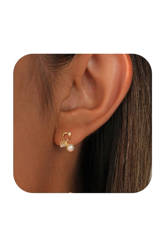 925 Sterling Silver Pearl Earrings for Women,14K Gold Plated White Pearl Stud Earrings to Mother Daughter, Dainty Cubic Zirconia Earrings Jewelry Gift for Wedding Birthday Valentine's Day (Gold) C113