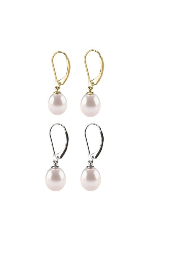 925 Sterling Silver Pearl Earrings for Women, 14K Gold Plated Leverback Drop Earrings with 8mm Pearl, Hypoallergenic Jewelry(2Pairs)