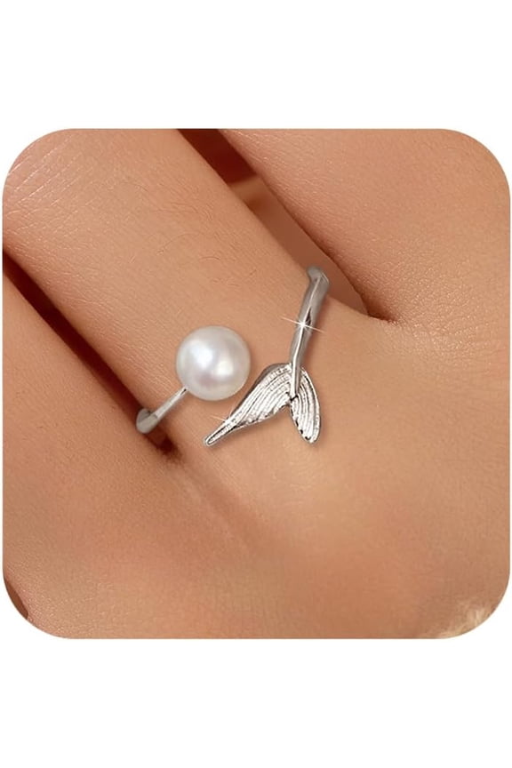925 Sterling Silver Pearl Mermerid Tail Rings for Women Cute Adjustable Fish Whale Tail Stackable Ring Open Ocean Animals Statement Promise Ring Summer Birthday Jewelry Gifts to Daughter