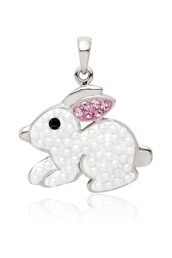 925 Sterling Silver Pink Pearl Crystal Small Glass Rabbit Pendant Necklace - 17.41mm 0.7 inch - Prong Set Adult