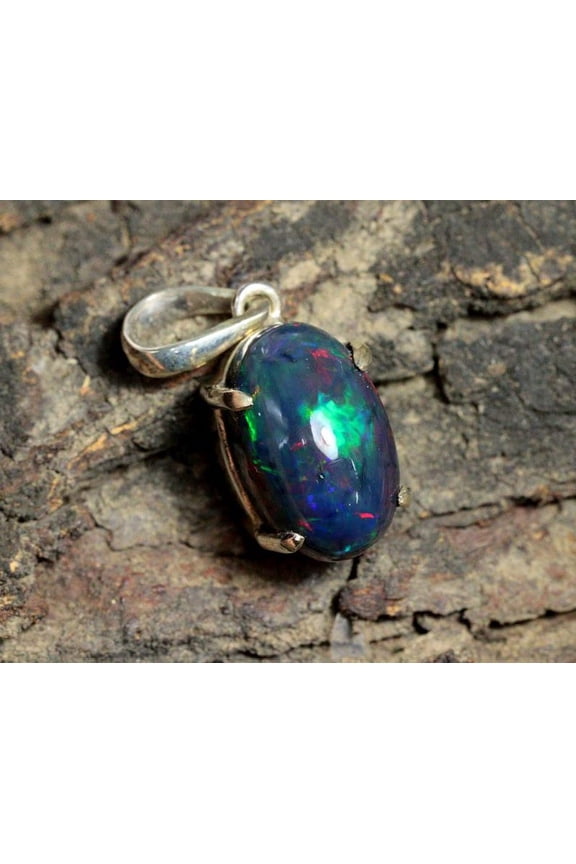 925 Sterling Silver Pendant - Natural Black Ethiopian Opal Pendant - Black Opal Pendant - Diamond Pendant - Fire Opal Pendant - Opal Jewelry