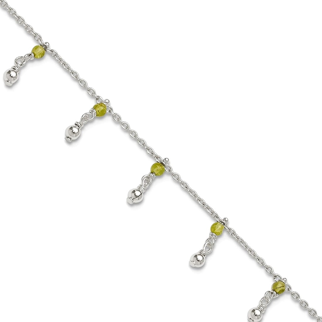 925 Sterling Silver Peridot Bead Ankle Bracelet 9 Inch Spring-Ring 1mm Wide Link Bracelet for Women