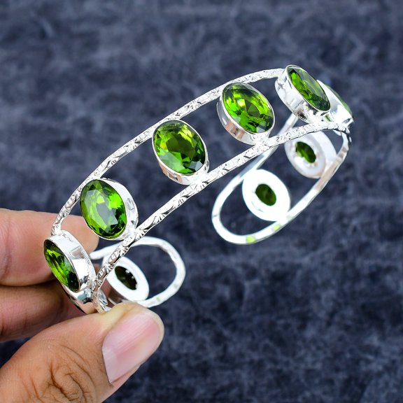 925 Sterling Silver Peridot Gemstone Handmade Cuff Bangle Adjustable