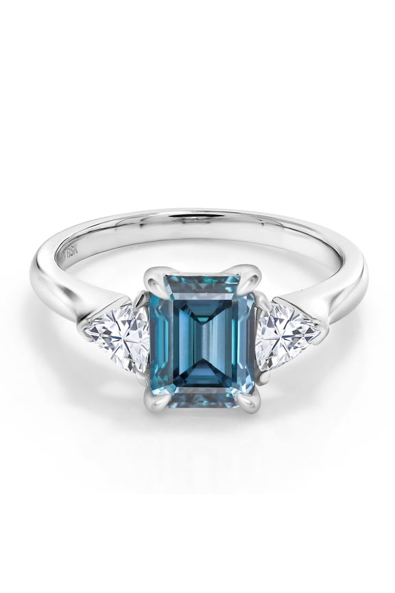 1.80 Cttw Persian Blue Moissanite and White Moissanite 3-Stone Ring for Women | 925 Sterling Silver | 8X6MM Octagon and 3.5 Trillion | Gemstone Birthstone | Size 6