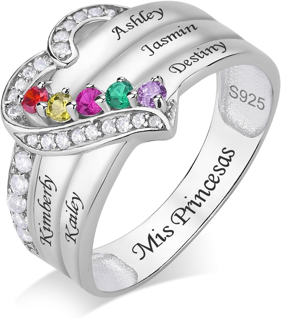 925 Sterling Silver Personalized Mothers Rings with 1-8 Birthstones ...