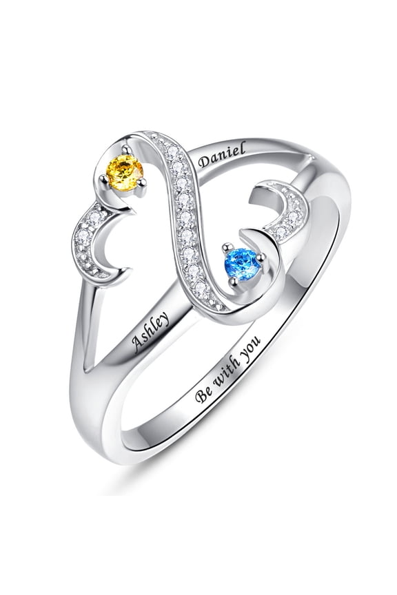 925 Sterling Silver Personalized Mothers Rings with 2 Simulated Birthstones Customized Names Rings