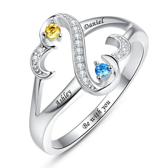 925 Sterling Silver Personalized Mothers Rings with 2 Simulated Birthstones Customized Names Rings