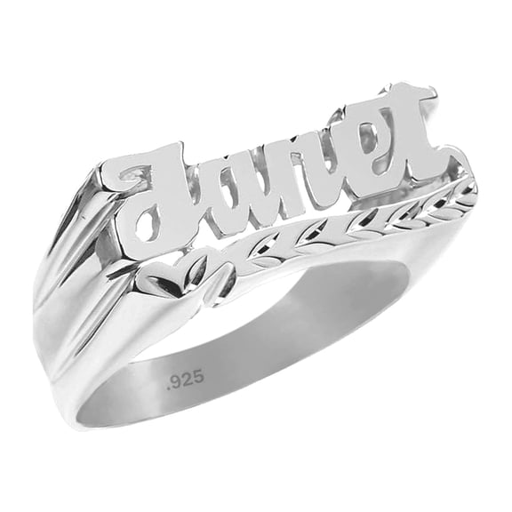 .925 Sterling Silver Personalized Name Ring - Heart and Leaf Design Below Name - Size 10 - Made in USA