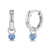 925 Sterling Silver Petite Simulated Aquamarine Heart Charm Girls Hoop Earrings