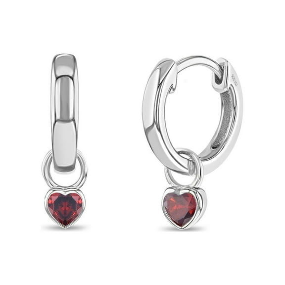 925 Sterling Silver Petite Simulated Garnet Heart Charm Hoop Earrings For Girls