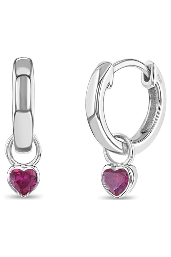 925 Sterling Silver Petite Simulated Ruby Heart Charm Hoop Earrings For Girls