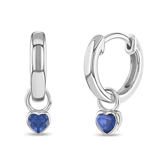 925 Sterling Silver Petite Simulated Sapphire Heart Charm Girls Hoop Earrings