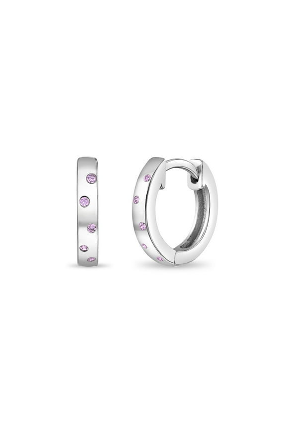 925 Sterling Silver Pink CZ Dots Huggie Hoop Earrings For Little Girls & Teens