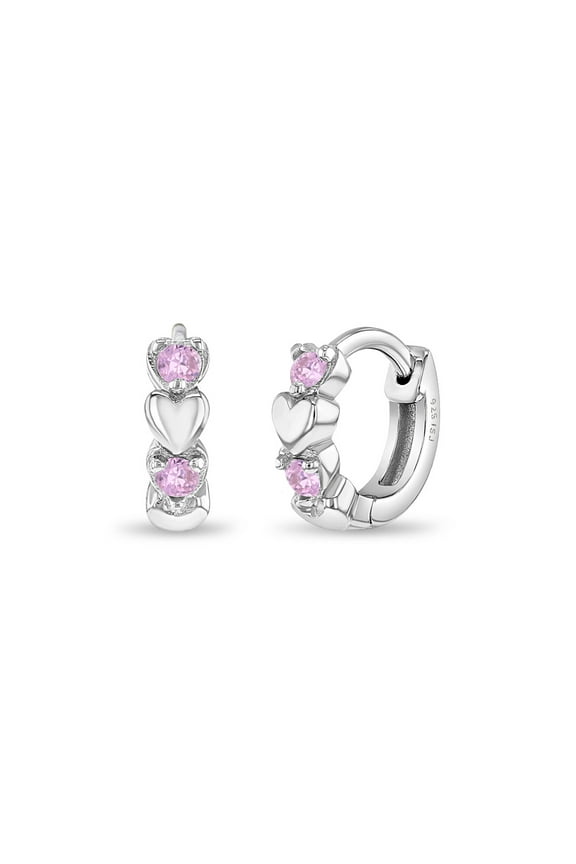 925 Sterling Silver Pink CZ Heart Huggie Hoop Earrings for Little Girls 10mm