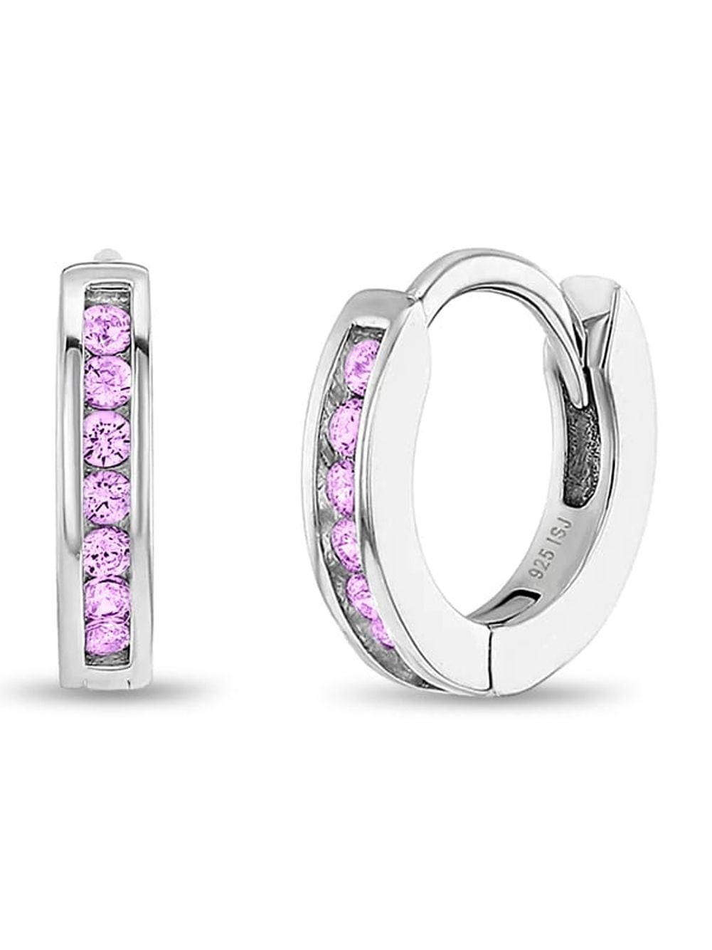 Channel Set CZ Pink 8mm Earrings Hoop/Huggie Safety Latch - Sterling Silver