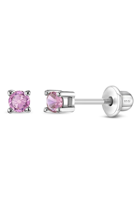 925 Sterling Silver Pink CZ Stud Baby Earrings Screw Back Toddlers to Kids 2mm