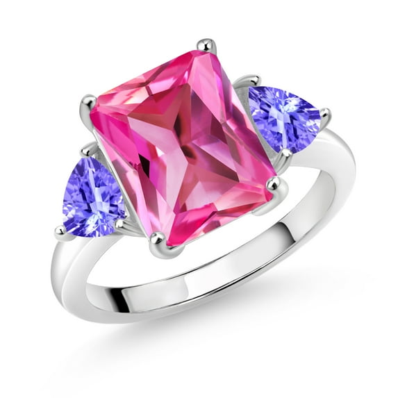 Gem Stone King 925 Sterling Silver Pink Created Sapphire and Blue Tanzanite 3 Stone Ring for Women (7.4 Cttw, Octagon 12X10MM, Trillion 5X5MM, Gemstone September Birthstone, Size 6)