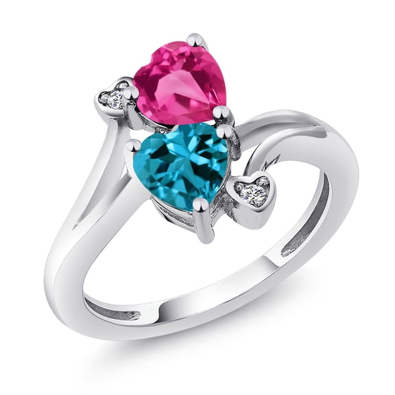 Gem Stone King 925 Sterling Silver Pink Created Sapphire London Blue Topaz and White Lab Grown Diamond Ring for Women (1.78 Cttw, Heart Shape 6MM, Gemstone September Birthstone, Size 5)