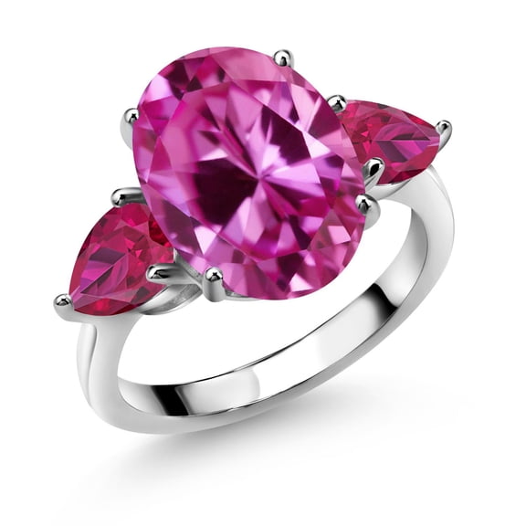 Gem Stone King 925 Sterling Silver Pink Created Sapphire and Red Created Ruby Ring for Women (8.00 Cttw, 14X10MM Oval and 7X5MM Pear Shape, Gemstone September Birthstone, Size 7)