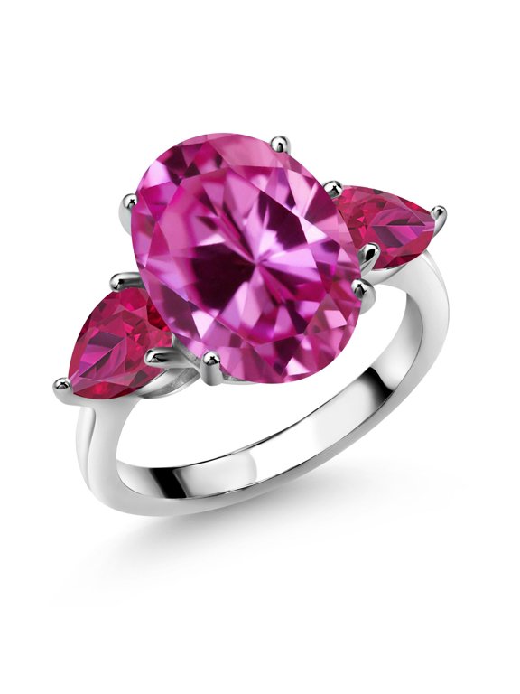 925 Sterling Silver Pink Created Sapphire and Red Created Ruby Ring for Women (8.00 Cttw, 14X10MM Oval and 7X5MM Pear Shape, Gemstone September Birthstone, Size 7)