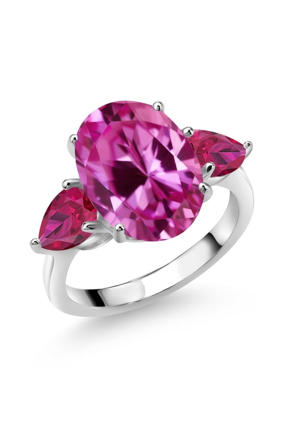 925 Sterling Silver Pink Created Sapphire and Red Created Ruby Ring for Women (8.00 Cttw, 14X10MM Oval and 7X5MM Pear Shape, Gemstone September Birthstone, Size 9)