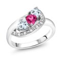 thumbnail image 1 of 925 Sterling Silver Pink Created Sapphire and Sky Blue Aquamarine and White Created Sapphire Engagement Ring for Women (1.06 Cttw, Gemstone September Birthstone, Heart Shape 4MM, Size 9), 1 of 4