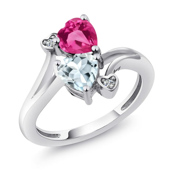 Gem Stone King 925 Sterling Silver Pink Created Sapphire Sky Blue Aquamarine and White Moissanite Ring for Women (1.56 Cttw, Heart Shape 6MM, Gemstone September Birthstone, Size 5)