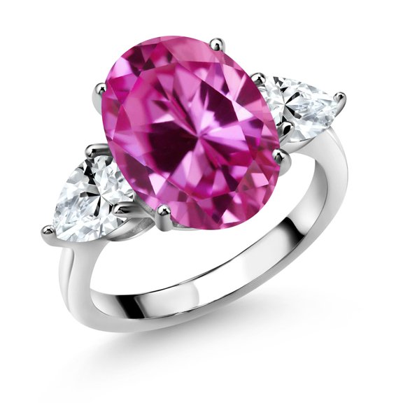 Gem Stone King 925 Sterling Silver Pink Created Sapphire and White Created Sapphire Ring for Women (8.00 Cttw, 14X10MM Oval and 7X5MM Pear Shape, Gemstone September Birthstone, Size 7)