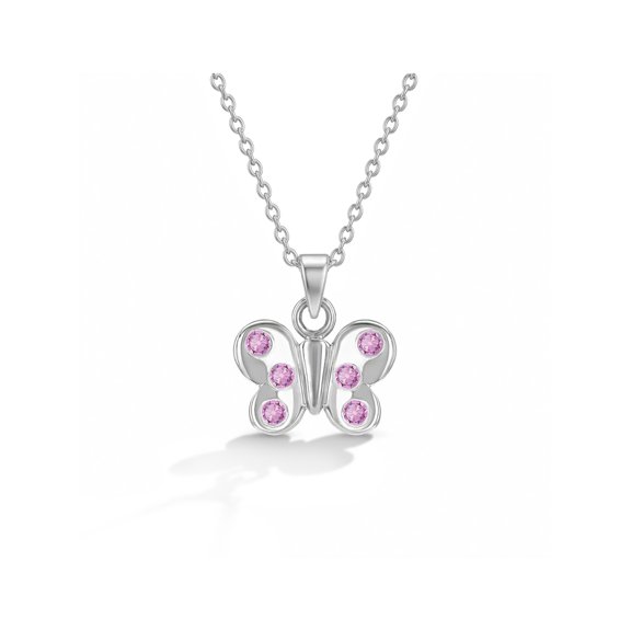 925 Sterling Silver Pink Cubic Zirconia Butterfly Pendant Necklace for Children