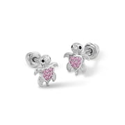 925 Sterling Silver Pink Cubic Zirconia Cute Turtle Screw Back Earring for Girls