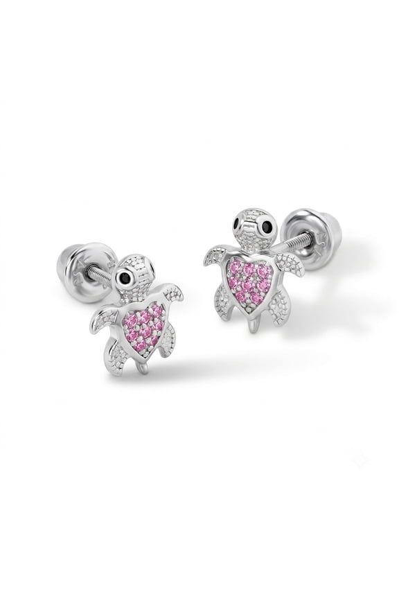 925 Sterling Silver Pink Cubic Zirconia Cute Turtle Screw Back Earring for Girls