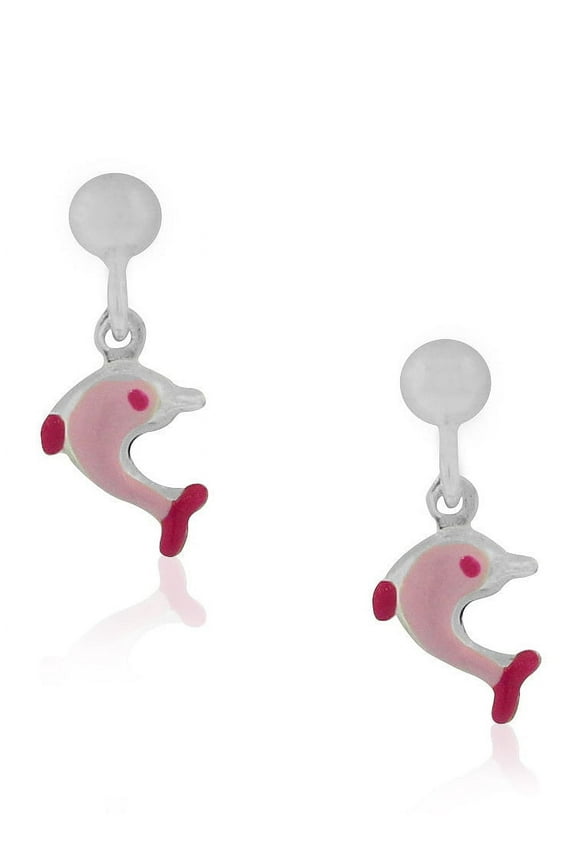 925 Sterling Silver Pink Enamel Dolphin Dangle Drop Earrings, 0.60"