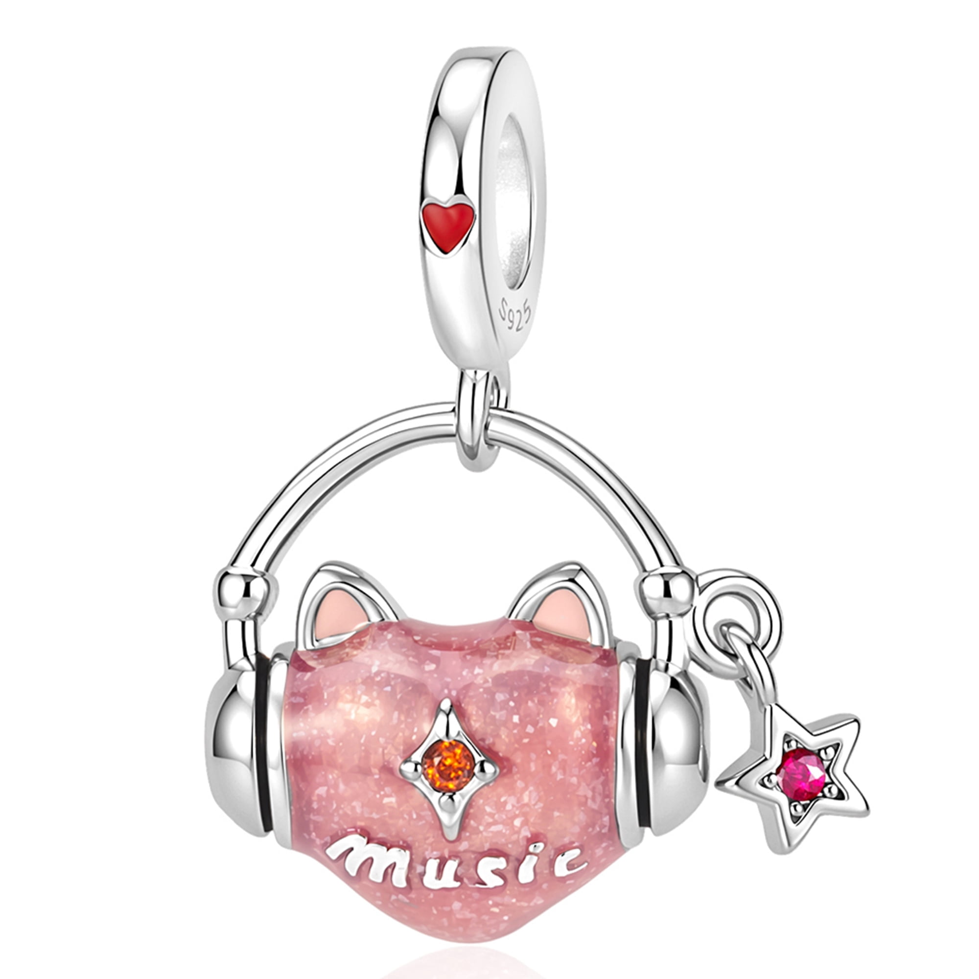 925 Sterling Silver Pink Glitter Cat Ear Headphone Dangle Charm, Music ...