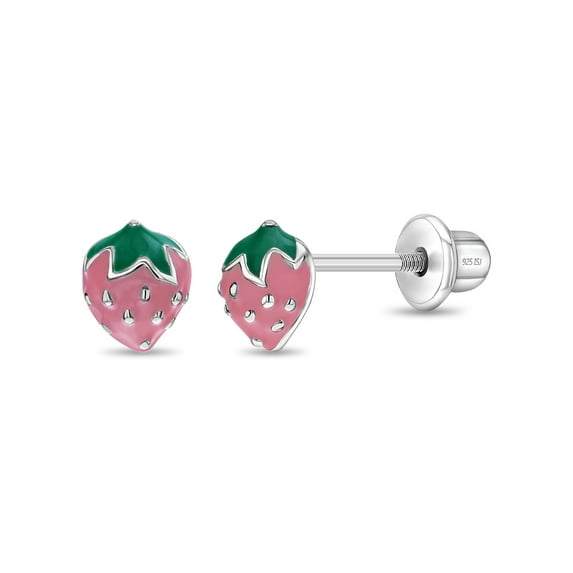 925 Sterling Silver Pink & Green Enamel Strawberry Stud Earrings for Toddlers