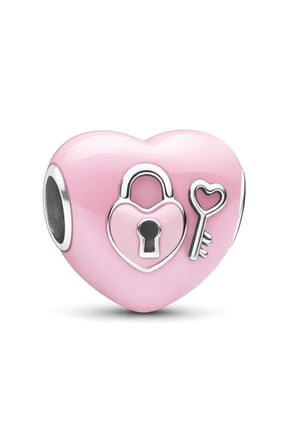 925 Sterling Silver Pink Heart Charm with Lock and Key, Engraved Yours Romantic Love Jewelry Gift for Women