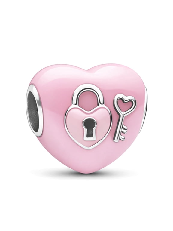 925 Sterling Silver Pink Heart Charm with Lock and Key, Engraved Yours Romantic Love Jewelry Gift for Women