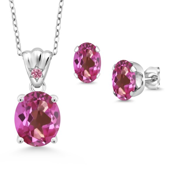925 Sterling Silver Pink Mystic Topaz and Pink Lab Grown Diamond Pendant and Earrings Jewelry Set for Women (7.14 Cttw, Gemstone Birthstone, Oval 11X9MM and 8X6MM with 18 inch Silver Chain)