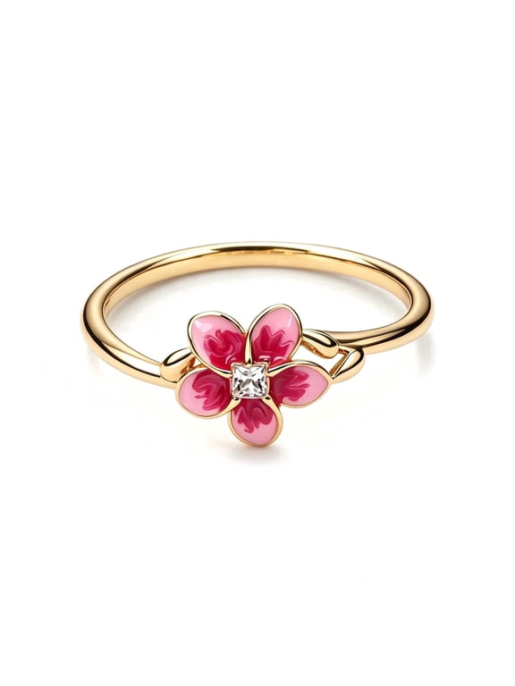 925 Sterling Silver Pink Plumeria Flower Ring Women Finger Ring For Party Jewelry