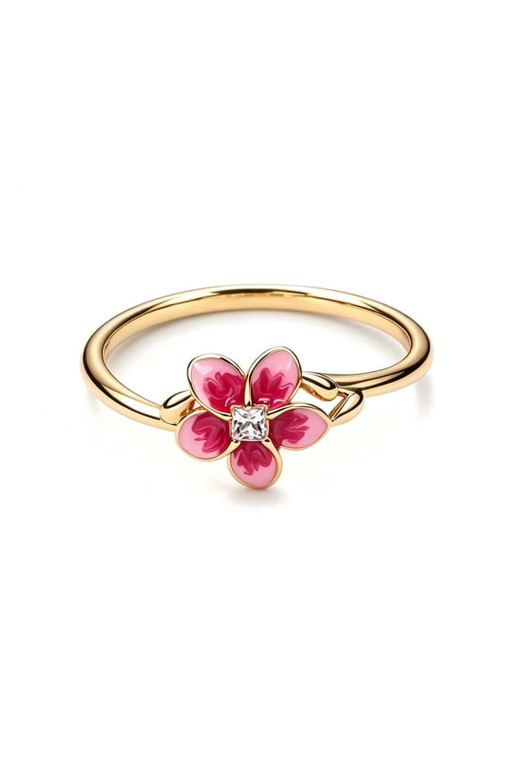 925 Sterling Silver Pink Plumeria Flower Ring Women Finger Ring For Party Jewelry