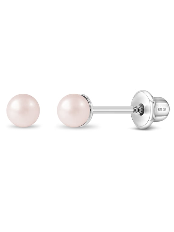 925 Sterling Silver Pink Simulated Pearl Earrings For Infants and Toddlers 3mm
