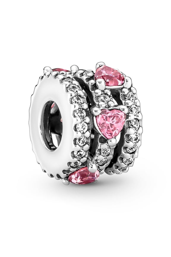 925 Sterling Silver Pink Sparkling Triple Halo Hearts Charm for Women Moment Charm Bracelet