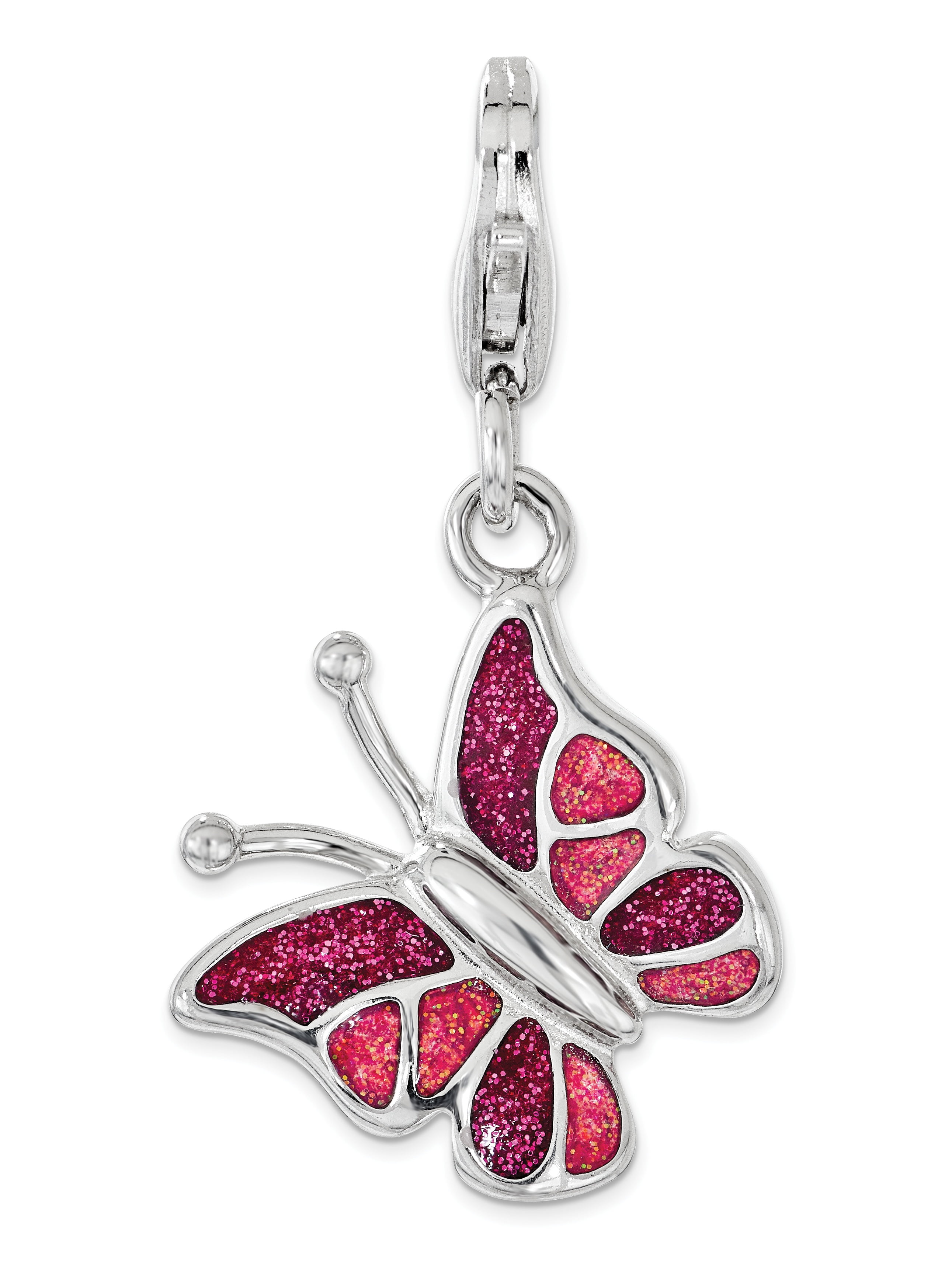 SWEET PEA JEWELLERY 925 Sterling Silver Pink & White Enameled Butterfly with Lobster Clasp Pendant / Charm