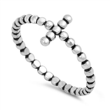 925 Sterling Silver Plain Bead Sideways Cross Ring Size 10