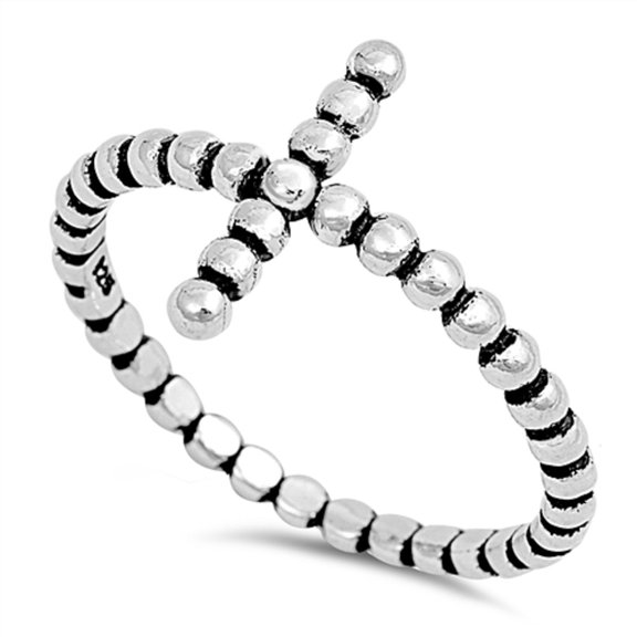 925 Sterling Silver Plain Bead Sideways Cross Ring Size 9